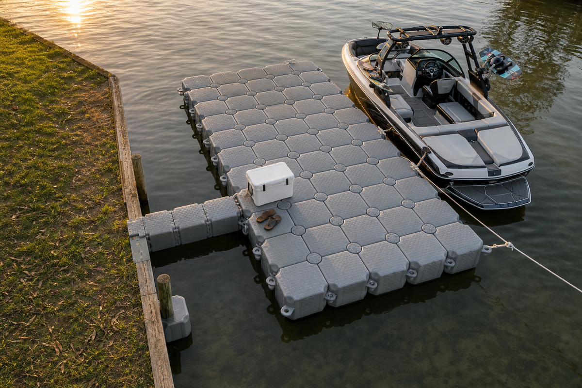 32-cube floating pontoon boat dock with wakeboard boat, Pittwater