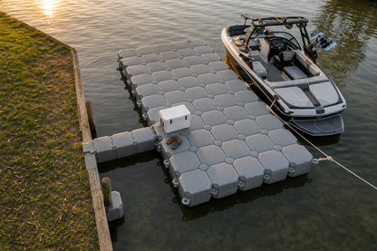 32-cube floating pontoon boat dock with wakeboard boat, Pittwater