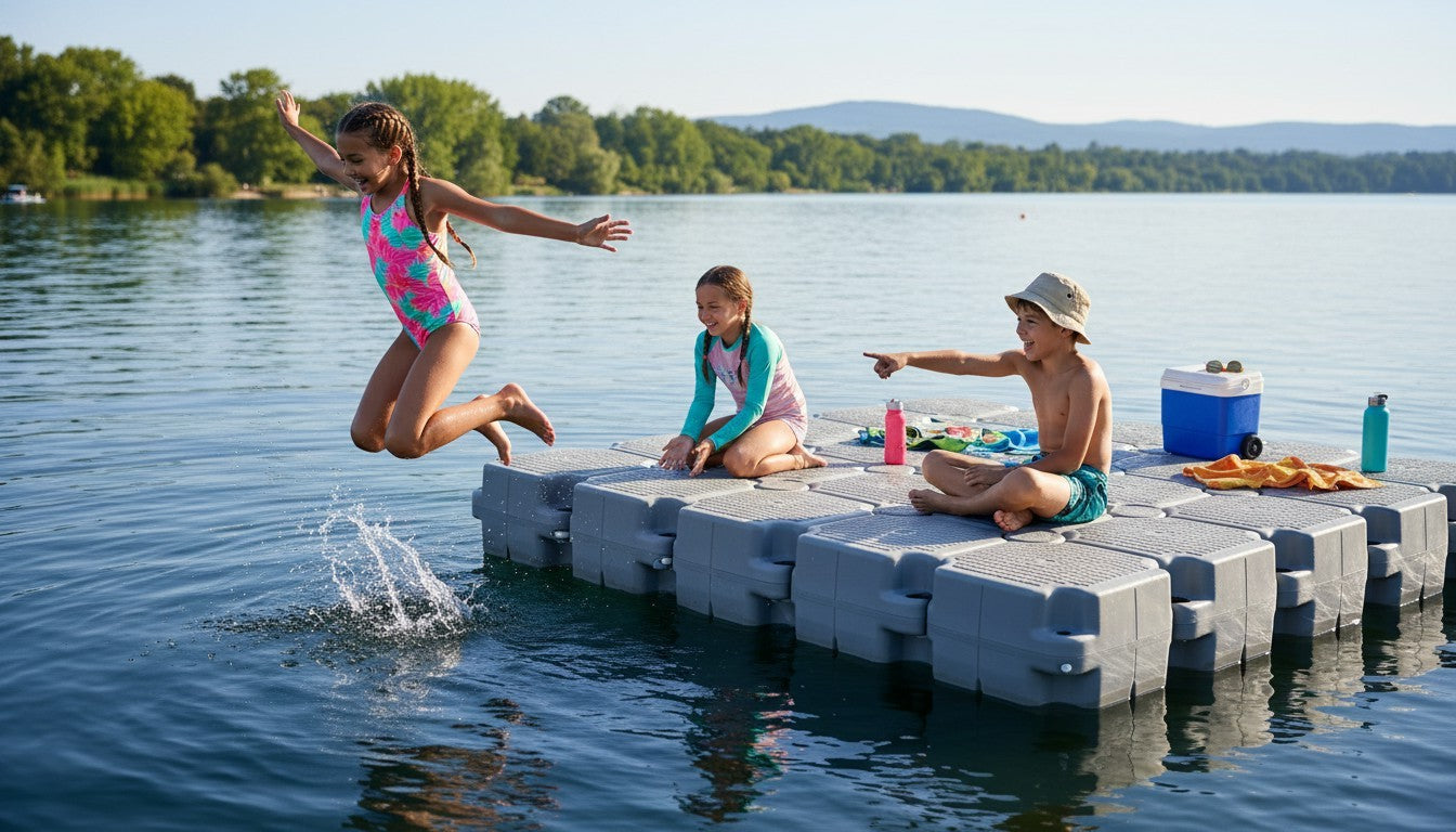 Children playing on a floating dock by a lake Aussie_Dock_docks_on_water_kids_jumping_summer_fun_.