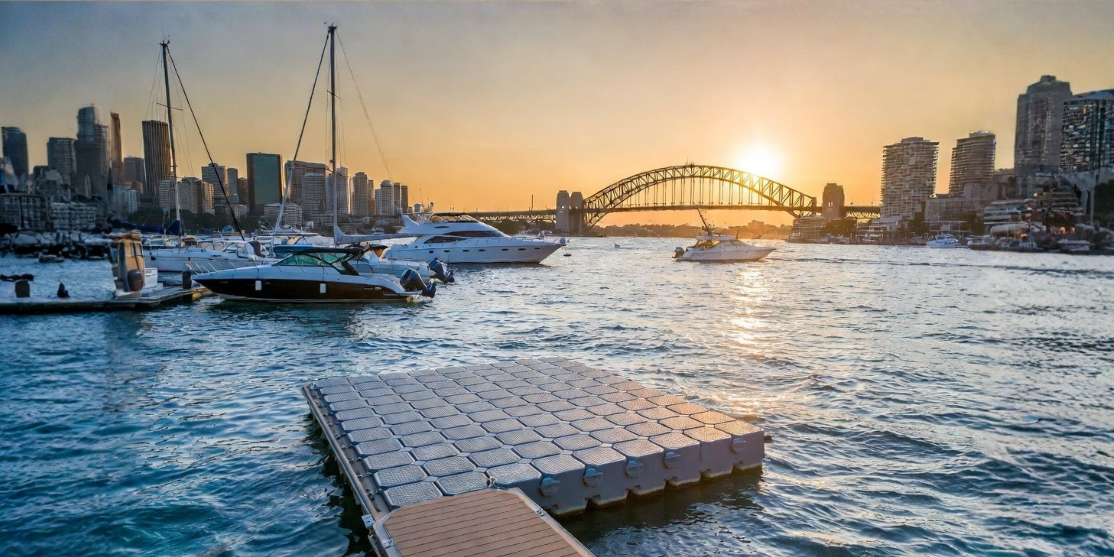 Aussie docks hawkesbury river Marina with floating boats and a dock at sunset, Sydney Harbour Bridge 