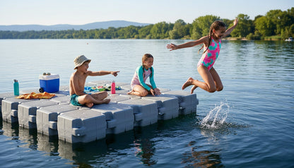 Kids jumping from modular floating pontoon dock, Northern Beaches