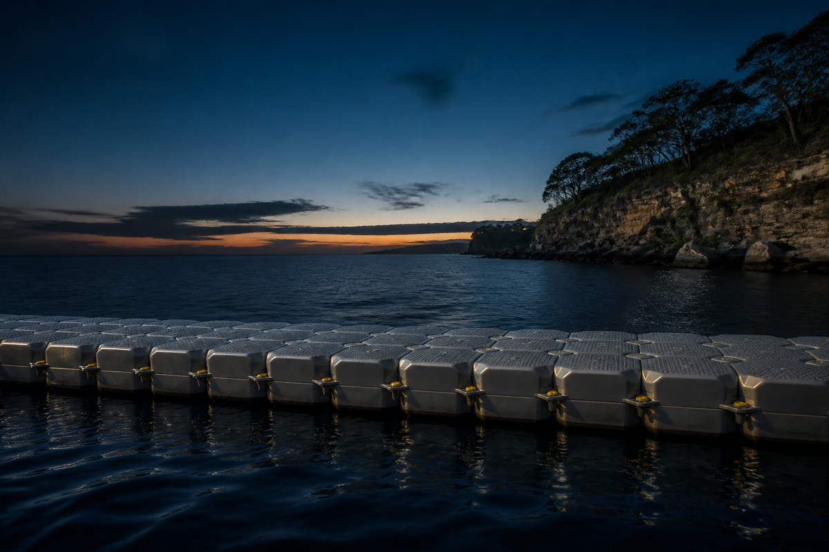 Modular floating pontoon swim platform at dusk, Northern Beaches