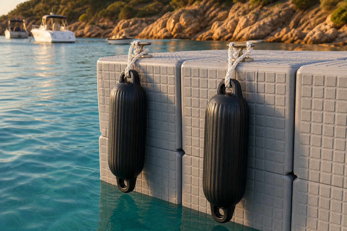 Oval boat fenders on grey floating pontoon dock