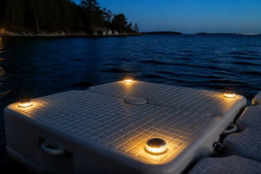 Solar dock lights four pack on modular pontoon cubes