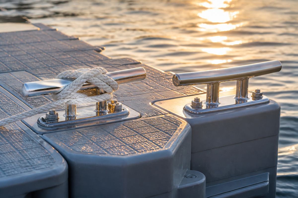 Pair of 5 inch 316 stainless boat cleats on floating dock