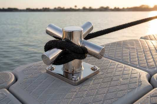 Stainless cross bollard for boat mooring on cube pontoon