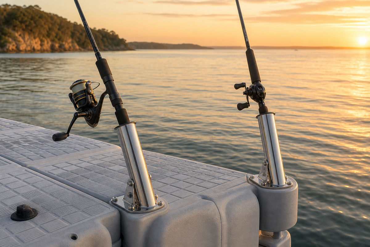 Stainless rod holders on floating dock, Hawkesbury