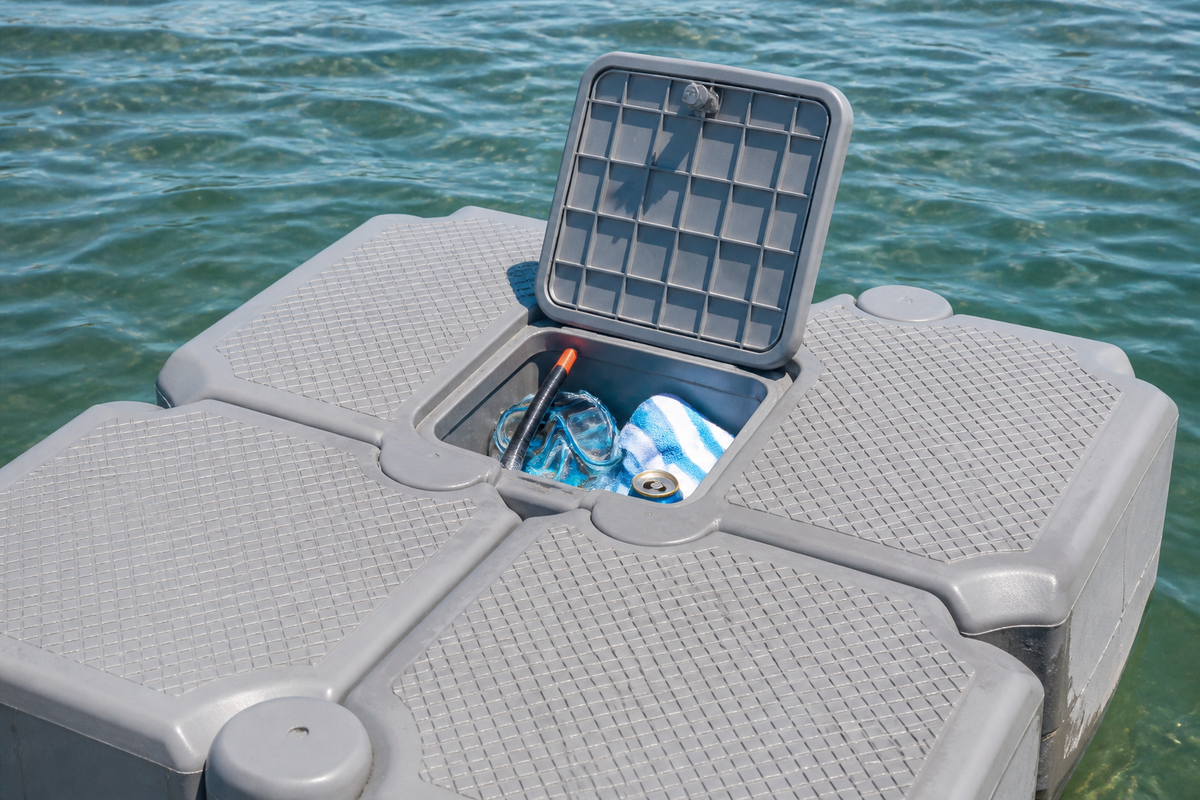 Hinged storage cube on modular floating pontoon
